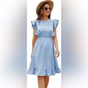 Duiah Women's Summer Casual Beach Dress Flutter Short Sleeve Crew Neck Ruffle